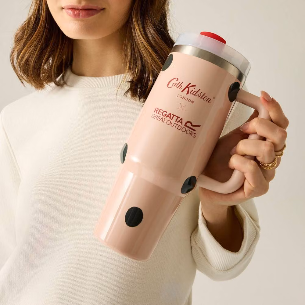 Cath Kidston Stainless Steel Double Walled Dotted Mug with Lid in Beige and Pink, 1.2 l – 2