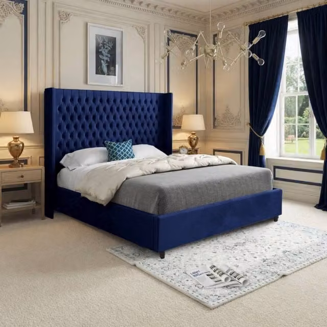 KDMD Wormbridge Winged Upholstered Blue Velvet Designer Bed Frame, W/D/H: 90 x 190 x 137 cm