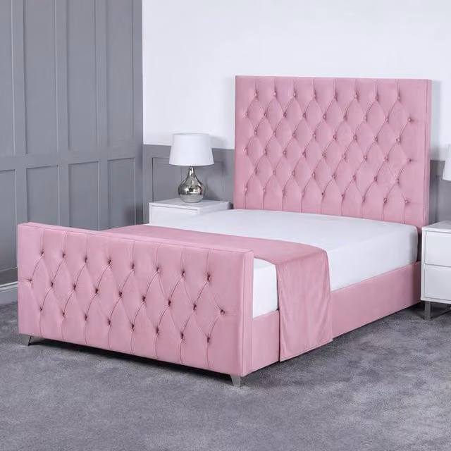 Living Comfort Bedz Vertex Super King Upholstered Plush Velvet Bed with Slatted Base and 48 Inch Headboard in Pink