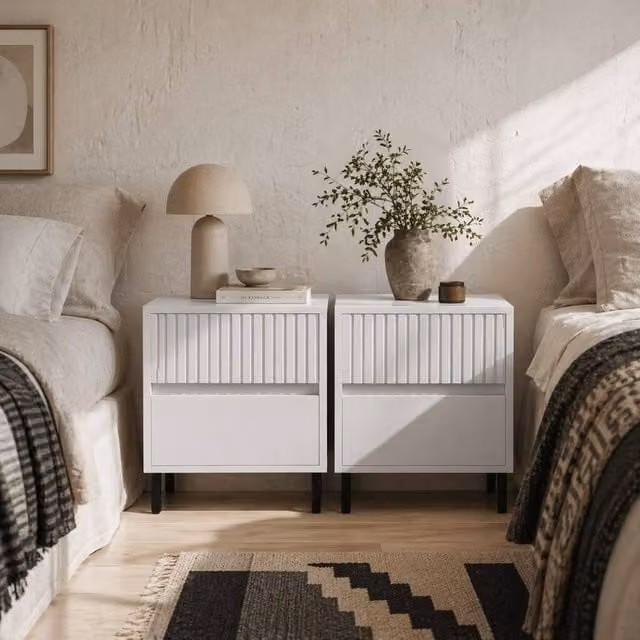 Wyld Haus Vadiro Set of 2 White Ribbed Bedside Tables with 2 Drawers