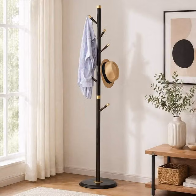 STILVORA Modern Bamboo Coat Rack Stand with 6 Hooks in Brown and Gold, H 180 x W 36 x D 15 cm – 1