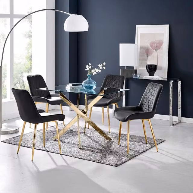 FurnitureboxUK Leonardo Rectangular Glass Dining Table with Four Pesaro Gold Leg Chairs in Black and Transparent