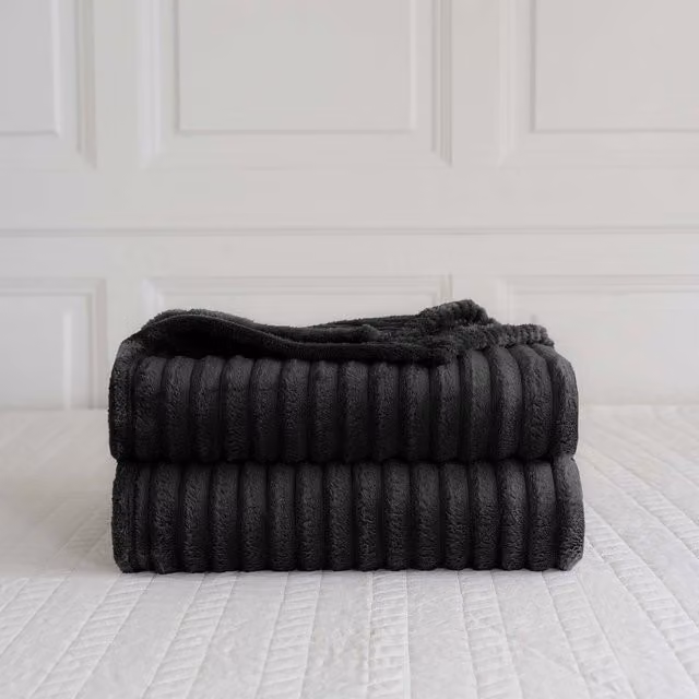 Velosso Black Striped Velvet Plush Throw Blanket, W/D/H: 305 x 305 cm