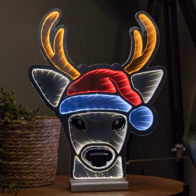 Samuel Alexander Light up Christmas Deer Head in Santa Hat Infinity Decoration with LEDs, Multicolour, Height: 40 cm