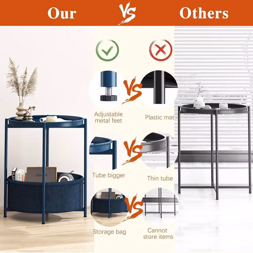 Huhote Round Side Table with 2 Tiers and Fabric Basket in Blue – 2