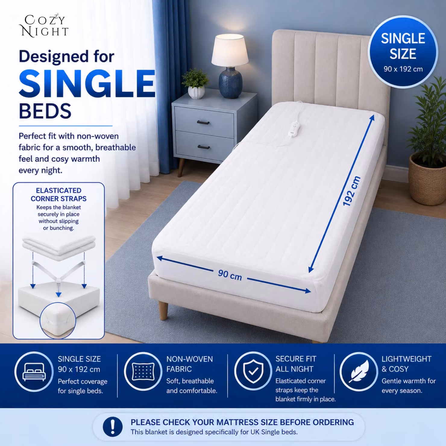 Cozy Night White Heated Mattress Cover with Separate Heat Zones and Overheating Protection, W/D/H: 90 x 190 cm – 2