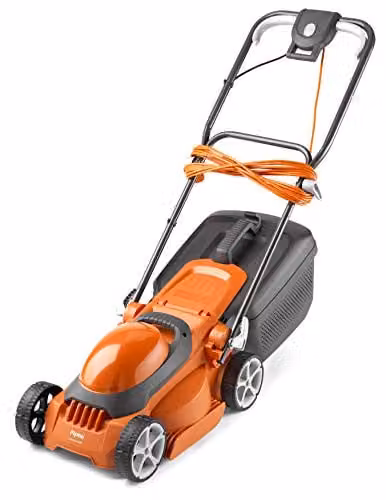 Flymo EasiStore 300R Corded Electric Wheeled Lawnmower in Orange and Grey with Collection Bag