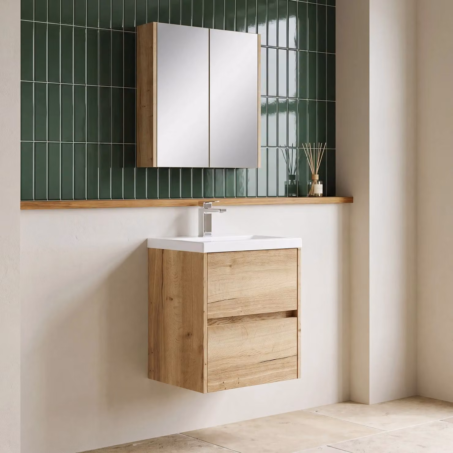Balterley Square Wall Hung 2 Drawer Vanity Unit and Basin, Autumn Oak, Brown, Width: 50 cm – 2
