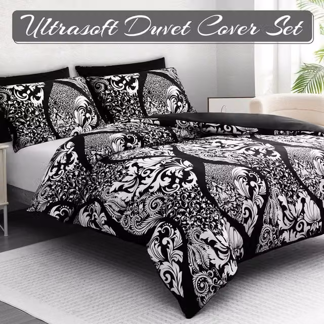 Pamposh Premium Microfibre Luxury Duvet Cover Set in Black and White Floral Design, Superking, Duvet Cover 140 x 200 cm and 2 x Pillowcases 50 x 75 cm