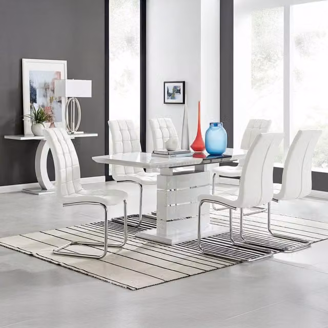 FurnitureboxUK Renato High Gloss Extending Rectangular Kitchen Dining Table and 6 Murano Chairs in White and Grey