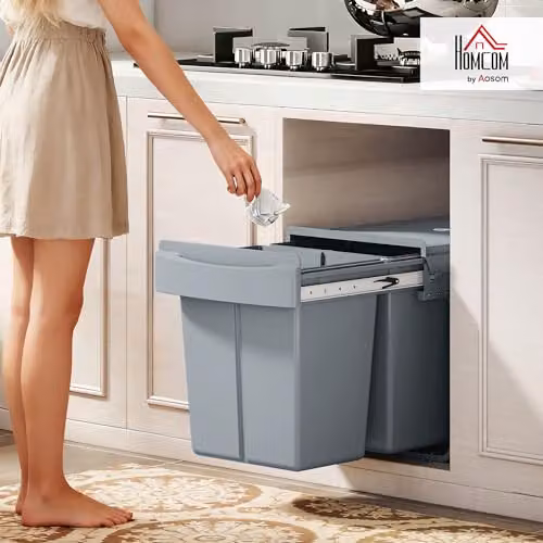 HOMCOM Grey Pull Out Kitchen Under Sink Bin with Soft-Close Mechanism and Removable Inner Bucket, 40L – 2