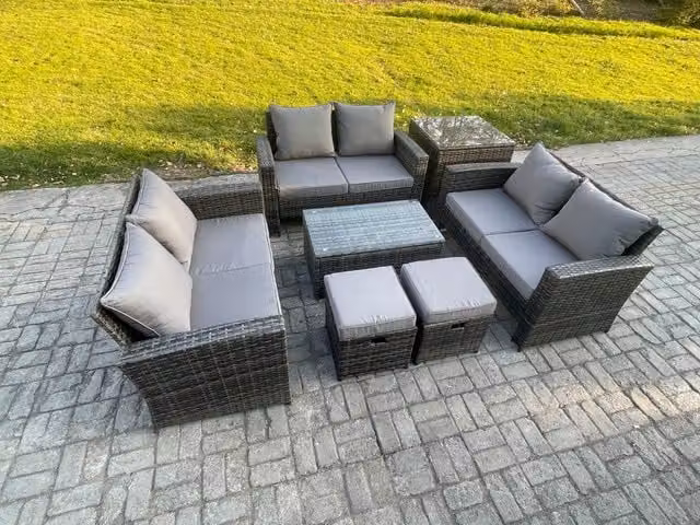 Fimous 7-Piece Rattan Garden Furniture Set in Dark Grey with Double Seater Sofa, Side Table and Two Footstools