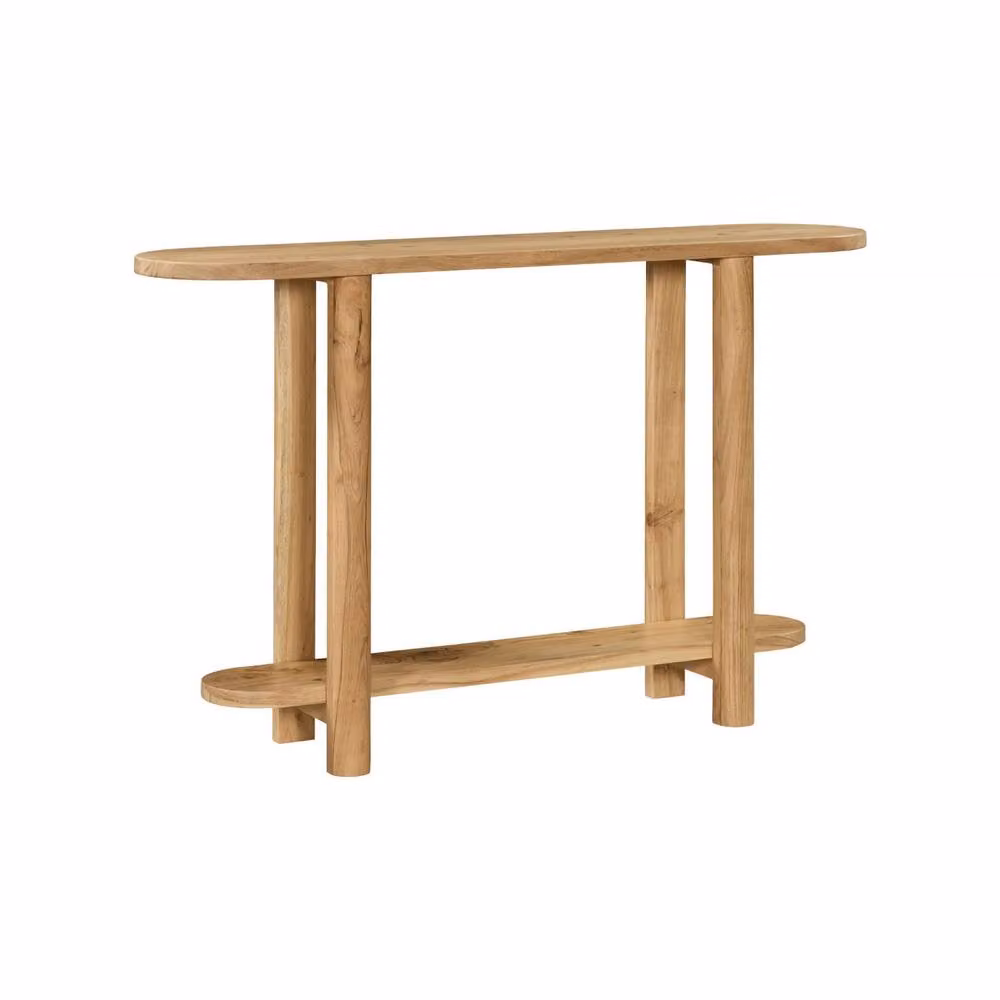 sweeek Oval Acacia Wood Console Table with 2 Levels in Beige, W: 120 cm, D: 30 cm, H: 75 cm – 2