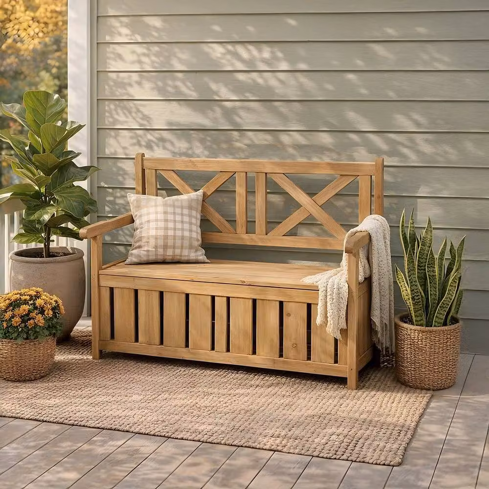 KORVIXA Brown Treated Hardwood Spruce Garden Bench with Cushion Storage and Armrests – 2
