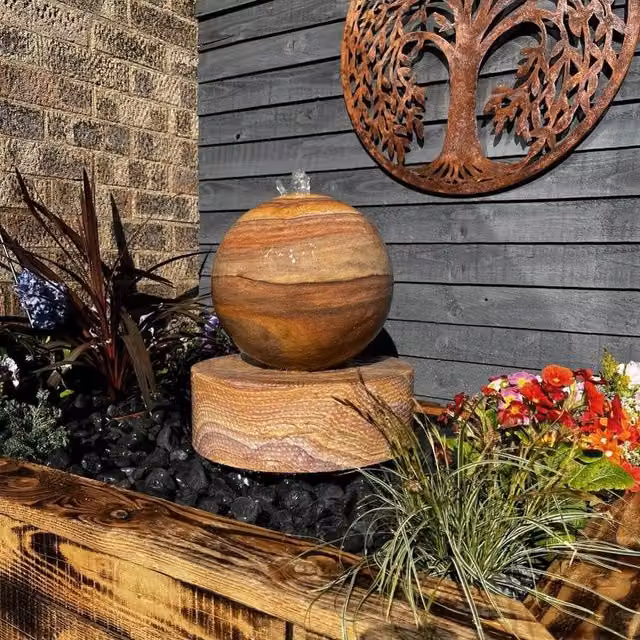 Tranquility Sandstone Millstone Sphere Solar Water Feature, Grey and Brown, Diameter: 38 cm