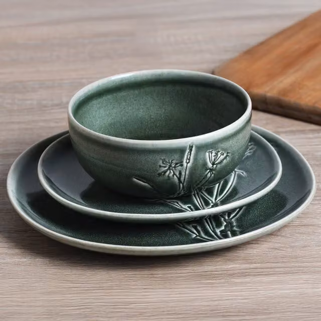 12 Piece Sage Floral Embossed Stoneware Dinner Set in Green