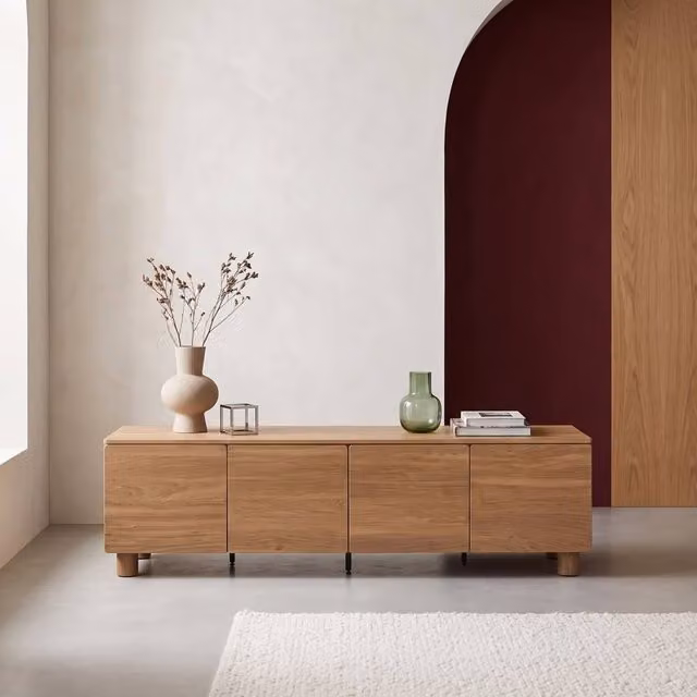 sweeek Brown Wood and Metal 4-Door Minimalist TV Stand, W/D/H: 180 x 40 x 53 cm