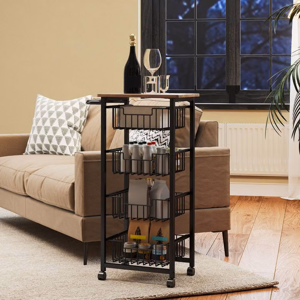 STILVORA Industrial Kitchen Trolley with 4 Baskets and Wheels in Light Oak and Black – 6