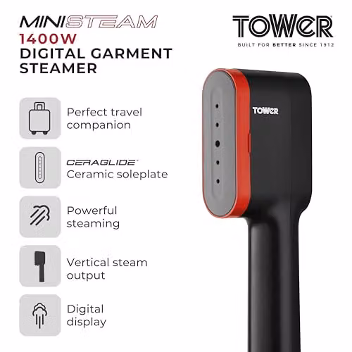 Tower Handheld Garment Steamer with Ceramic Soleplate and Brush Attachment, 1400W, Black and Red – 2
