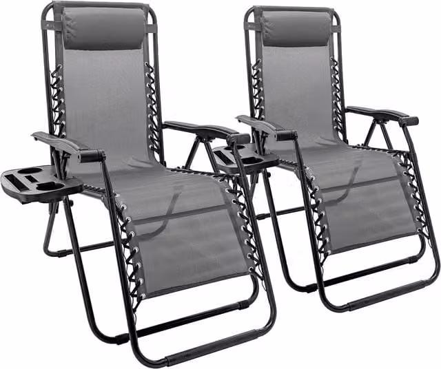 Harbour Housewares 2 Piece Zero Gravity Chair Set in Grey with Textilene Fabric and Side Trays – 1