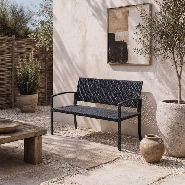 Wyld Haus Vasu Black Rattan 2 Seater Outdoor Garden Bench with Armrests