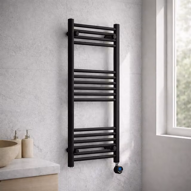 Lux Heat Black Metal Ladder Towel Radiator, H 100 cm x W 50 cm