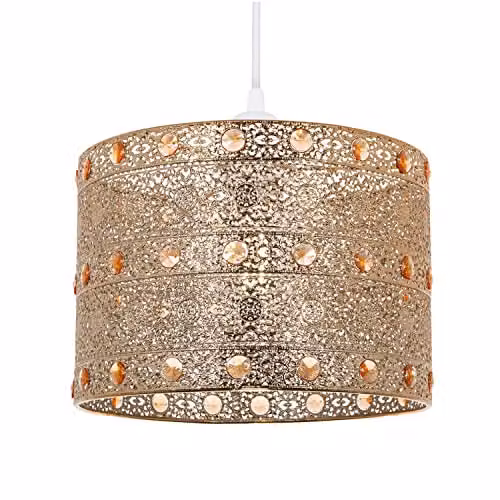 Happy Homewares Moroccan Style Gold Chandelier Pendant Light Shade with Amber Beads, Diameter: 24 cm