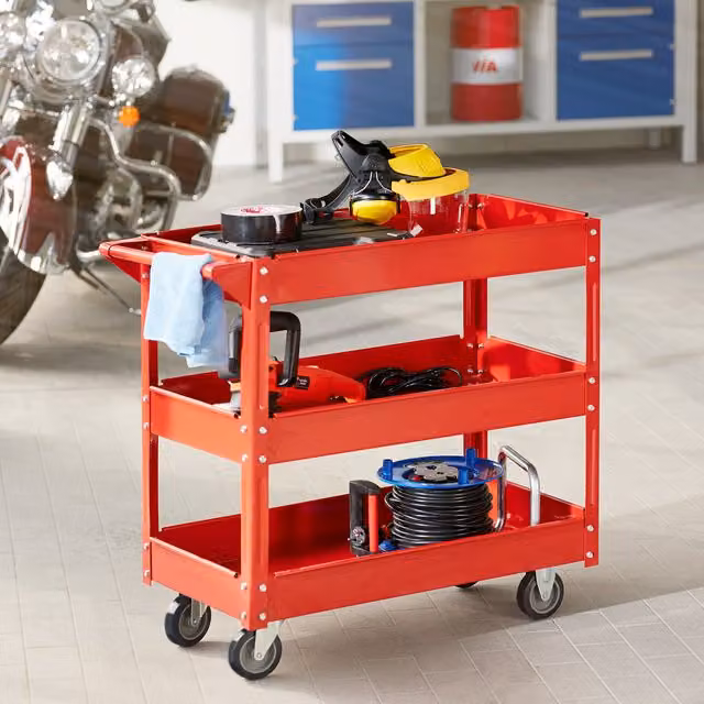 TECTAKE Rollable Steel Tool Trolley with 3 Shelves, Red