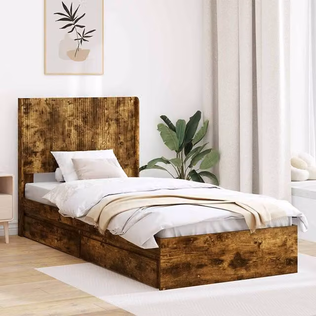 Berkfield Home Modern Bed Frame with Headboard and Lift-Up Storage in Smoked Oak Brown, W/D/H: 90 x 190 cm