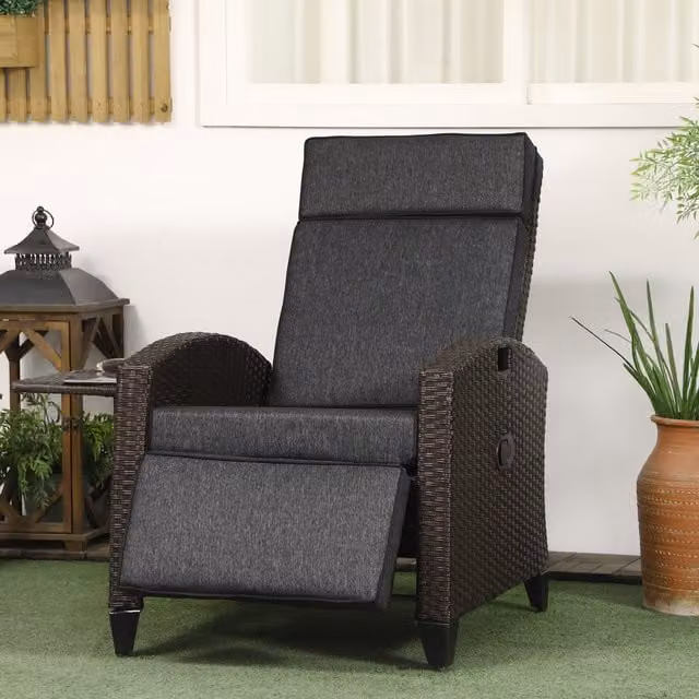 Outsunny Dark Grey PE Rattan Recliner Chair with Footrest, Side Tray and Weatherproof Cushions