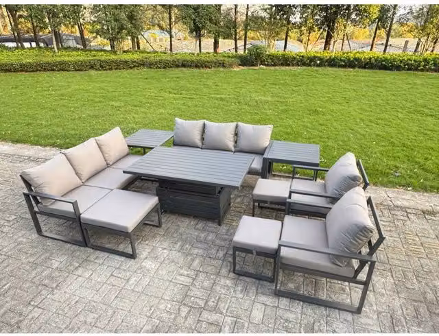 Fimous 11-Seater Aluminium Dining Set with Height-Adjustable Lifting Table in Matt Dark Grey – 1