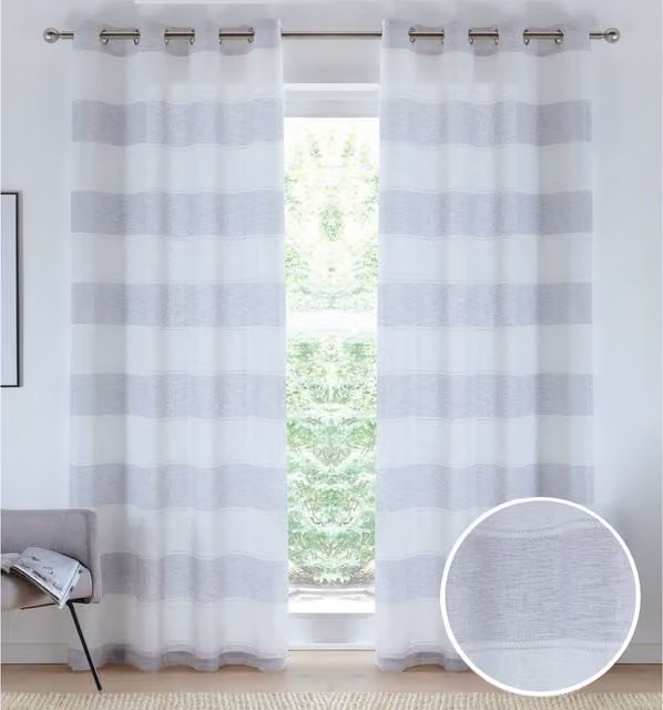 Tyrone Textiles Grey Striped Eyelet Sheer Linen-Look Voile Curtain Panels, Pair, Width: 229 cm