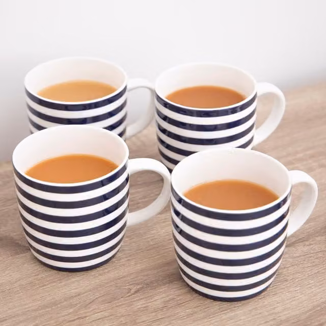KitchenCraft Striped Blue and White Porcelain Mugs, 4 x 425 ml