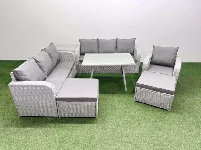 Fimous 7 Piece Outdoor PE Rattan Garden Furniture Set with Side Table and Stools in Light Grey