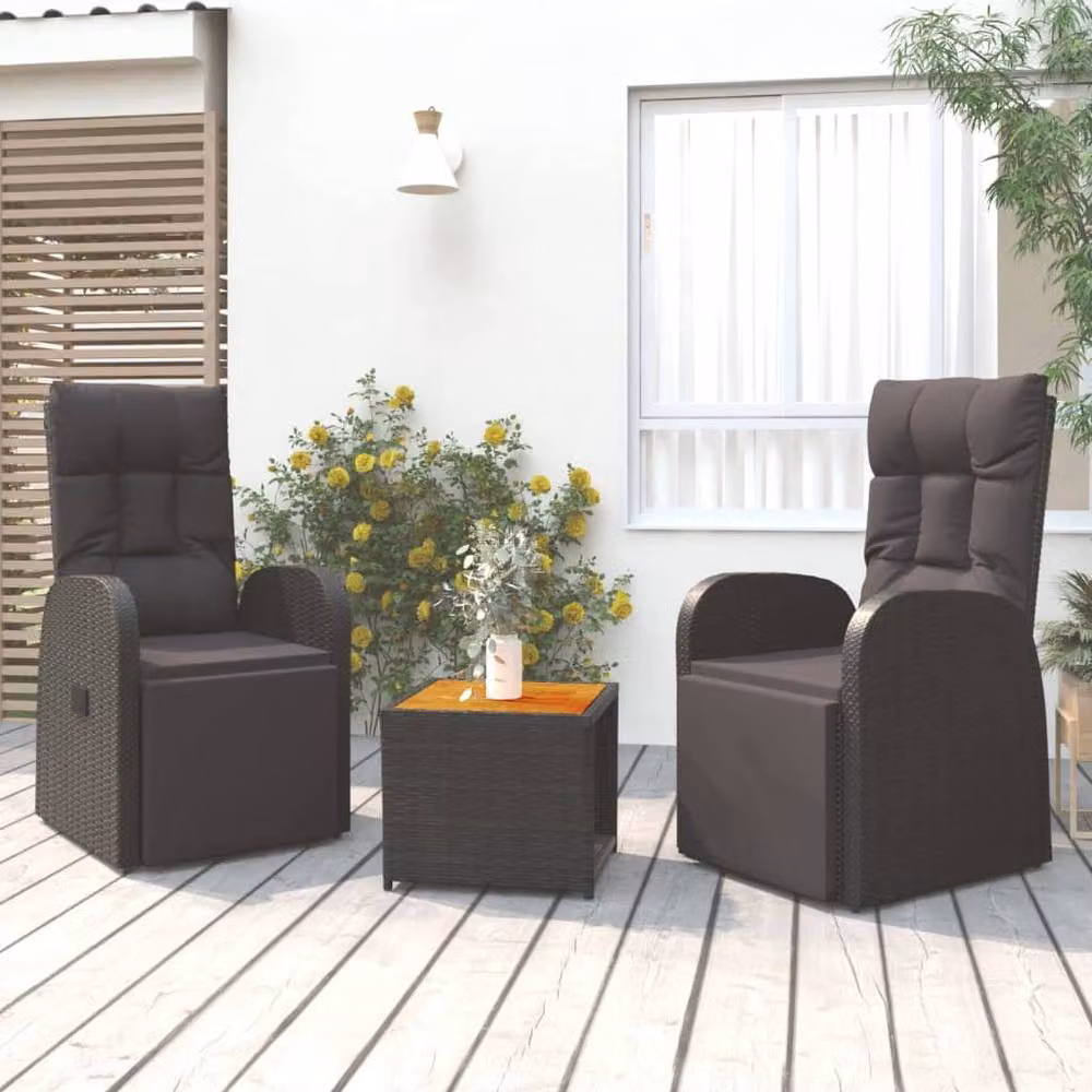 Berkfield Home Beautiful 3 Piece Black Poly Rattan and Acacia Wood Garden Lounge Set with Upholstered Cushions – 2