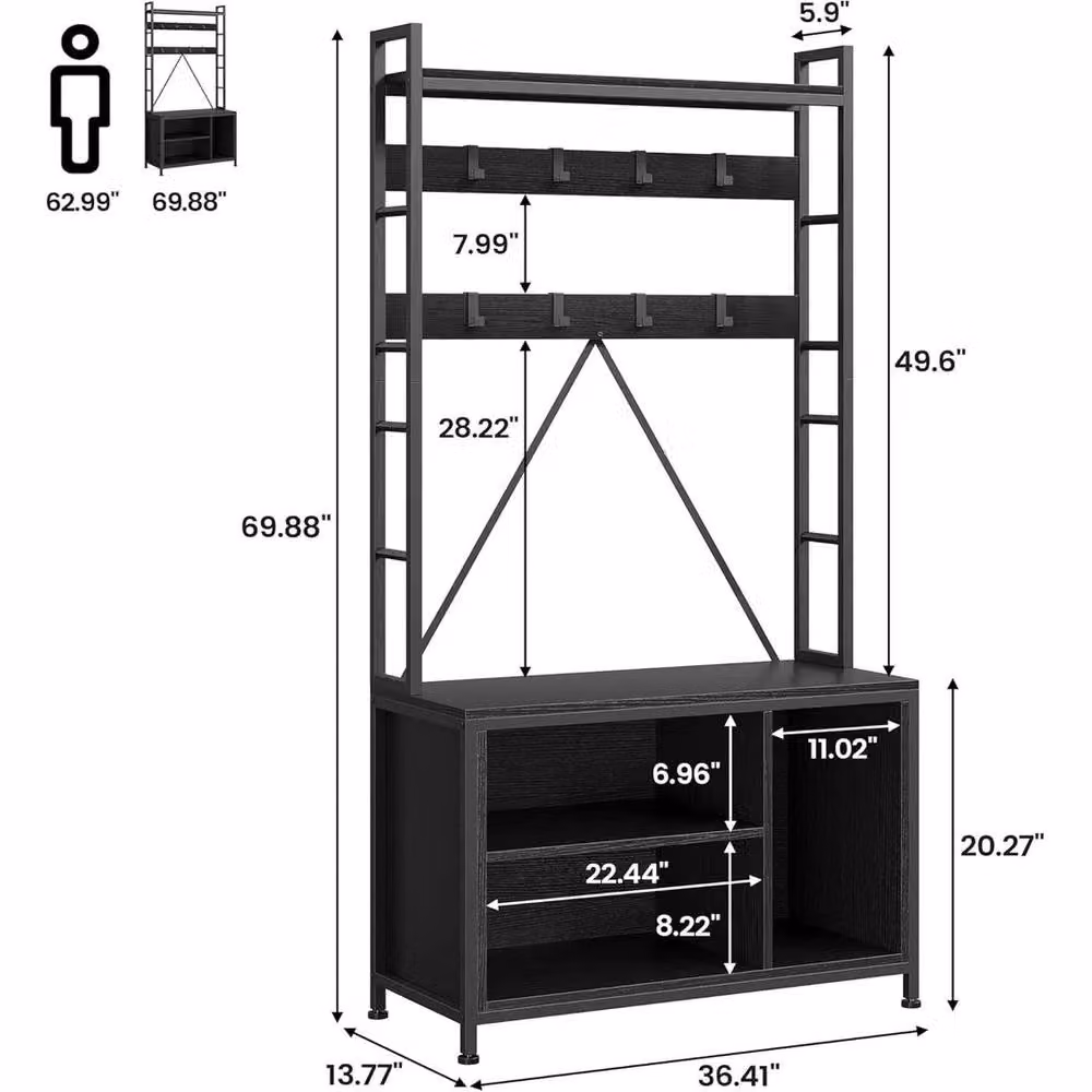 KORVIXA Black 5 in 1 Modern Hall Tree Bench with Coat Rack and Shoe Storage, W: 90 cm – 2