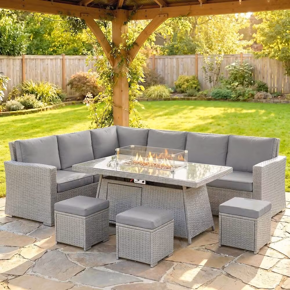ERGOVEXA Seven-Piece Grey Rattan Firepit Table Sofa Set with Upholstered Cushions – 3
