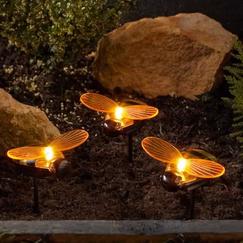 mysmartbuy Set of 6 Solar Powered Bee Garden Stake Lights in Yellow and Black, H14.5 x W9.5 cm