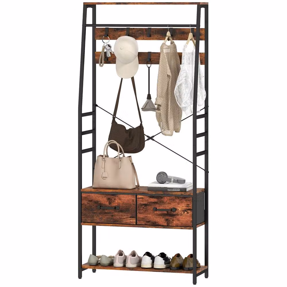 STILVORA Industrial Hall Tree with Bench and 10 Hooks in Brown and Black – 4