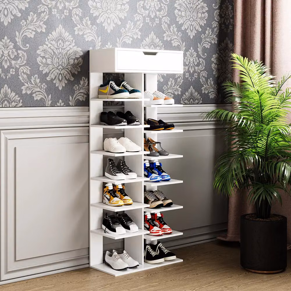 Living and Home 8-Tier Open Space Saving Shoe Rack with Drawer in White – 2