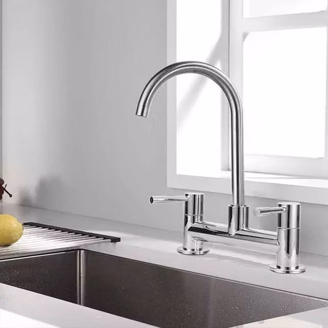 FORGEVIO Modern Dual Lever Chrome Kitchen Sink Mixer Tap in Silver – 1