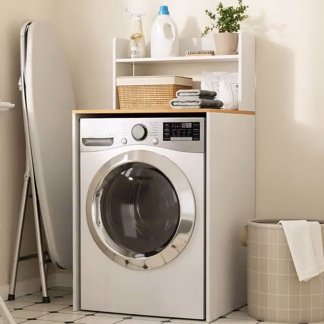 SoBuy Freestanding Laundry Cabinet with Oak-Effect Top in White