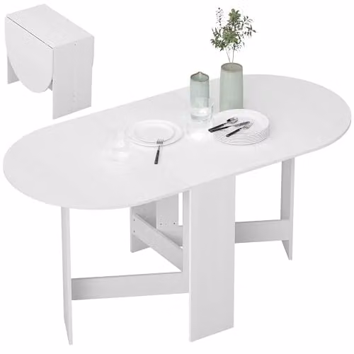 HOMCOM Oval Folding Dining Table in White with Butterfly Drop Leaf for Small Spaces, W/D/H: 163 x 80 x 75 cm – 1