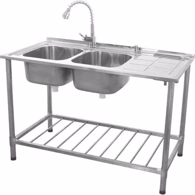 KuKoo Commercial Catering Double Bowl Sink with Right Hand Drainer, Silver Stainless Steel, W/D/H: 120 x 60 x 79 cm