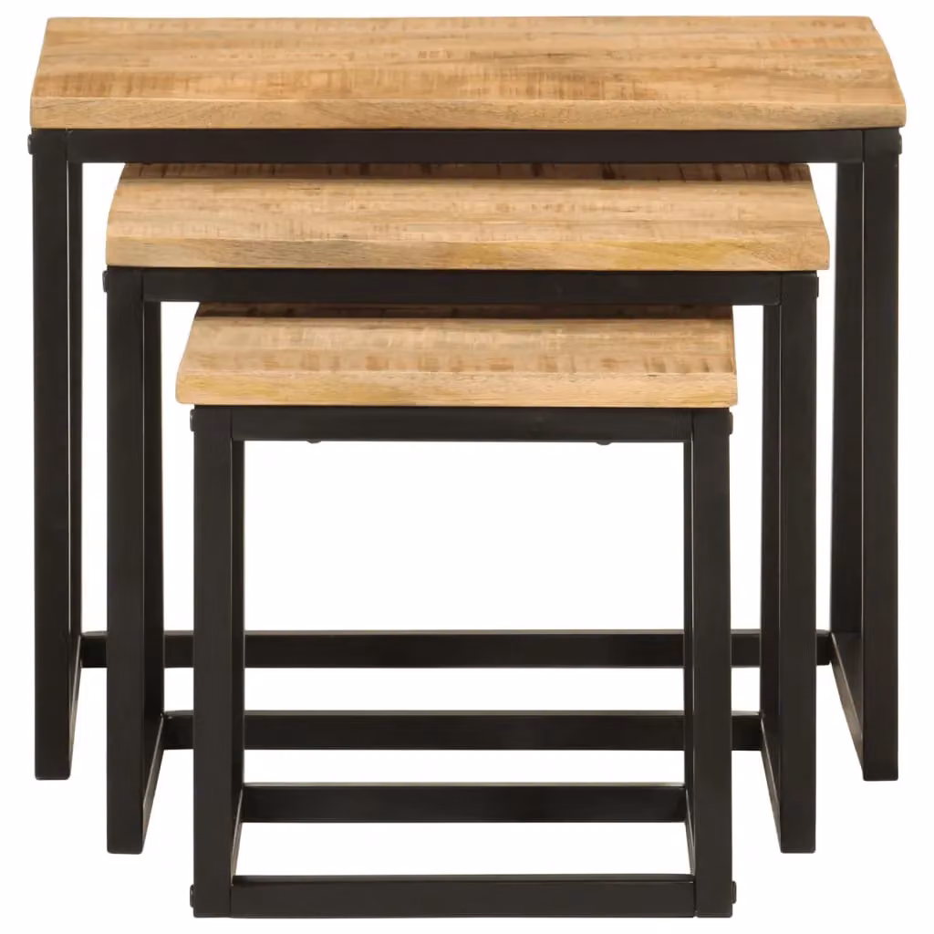 Berkfield Home Nesting Coffee Tables, 3 Piece Set in Brown Mango Wood and Iron – 4