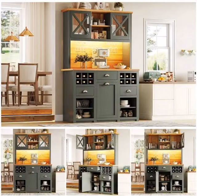 Matteo Modern Freestanding Kitchen Cabinet in Green with Glass Doors, Bottle Rack and LED Lighting, W/D/H: 120.0 x 188.0 cm – 1