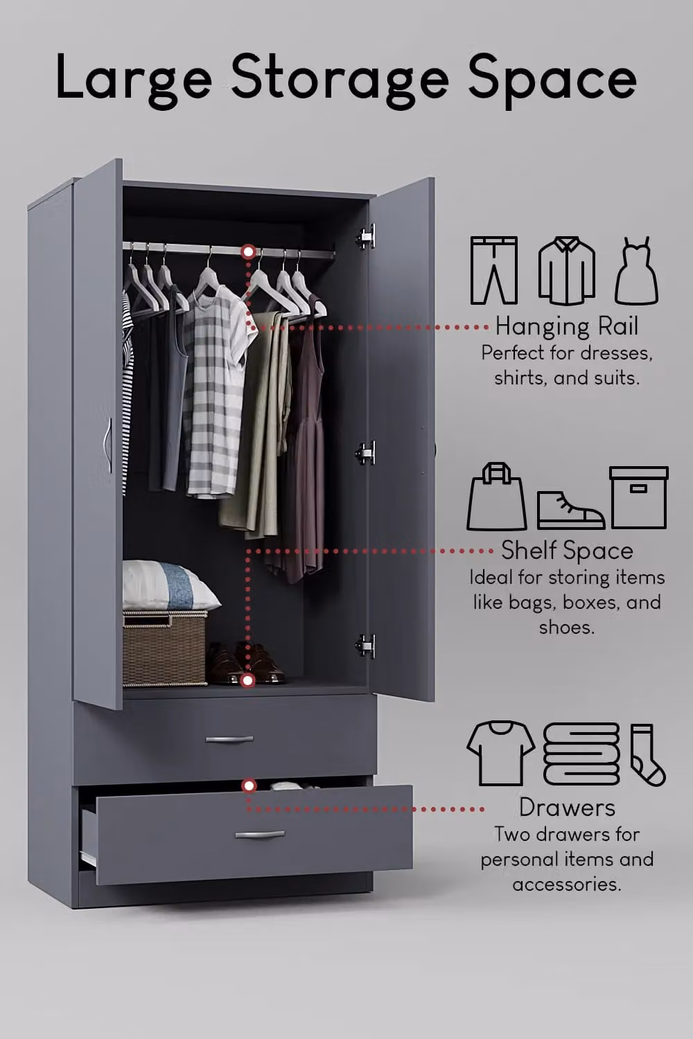 Home Discount Vida Designs Riano Modern Grey 2 Door 2 Drawer Wardrobe with Hanging Rod and Internal Shelves – 2