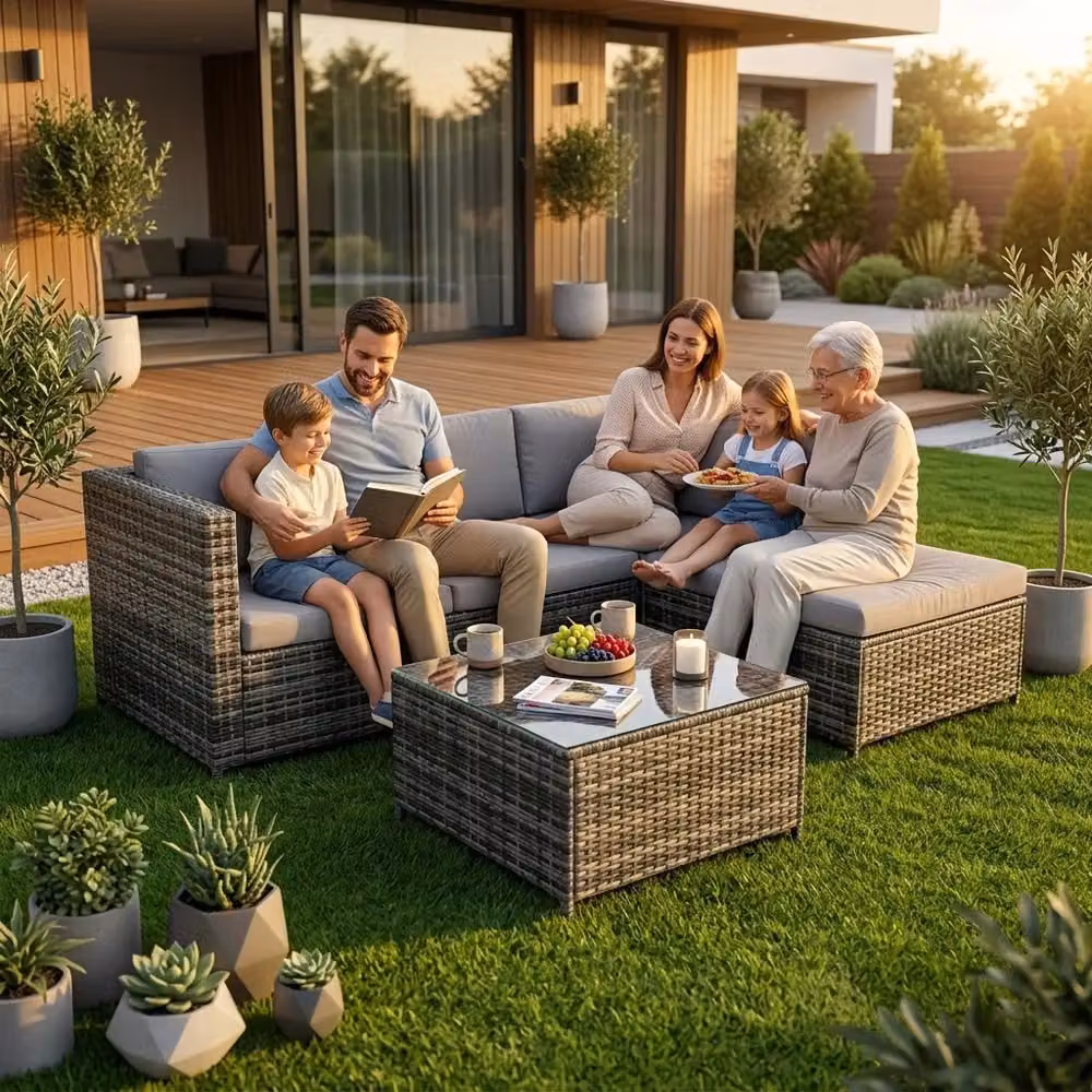 Alivio Grey L-Shape 3-Seater PE Rattan Garden Corner Sofa Set with Coffee Table and UV-Resistant Cushions – 2