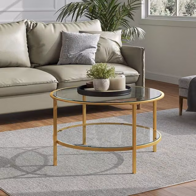Livingandhome 2 Tier Round Clear Tempered Glass Coffee and End Table with Gold Metal Frame