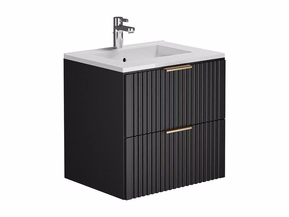 Vente-unique Black Ribbed Wall-Mounted Bathroom Unit with Inset Basin, W: 60 cm, D: 46 cm, H: 57 cm – 2